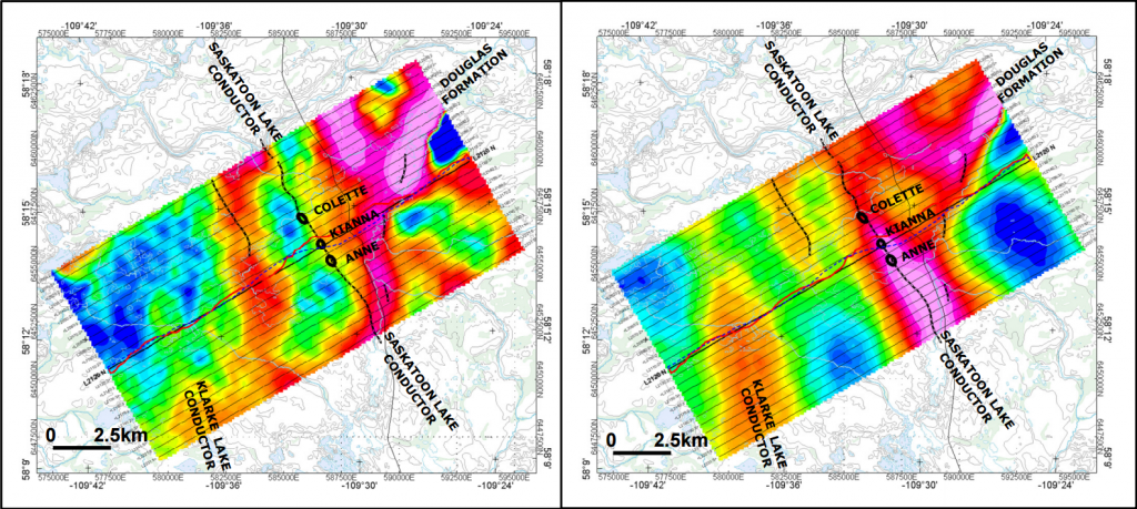 3) ZTEM Tipper AFMAG field results shown in plan as grid contours the Phase Rotated (PR) In-Phase ZTEM tipper data with Shea Creek deposit outlines: a) 360Hz high frequency IP PR (left) and b) 90Hz mid-frequency IP PR (right) showing resistivity contrasts (warm colours = resistivity lows; cool colours = resistivity highs) surrounding the Saskatoon Lake conductor (courtesy AREVA Resources (Canada) and UEX Corporation (2009).