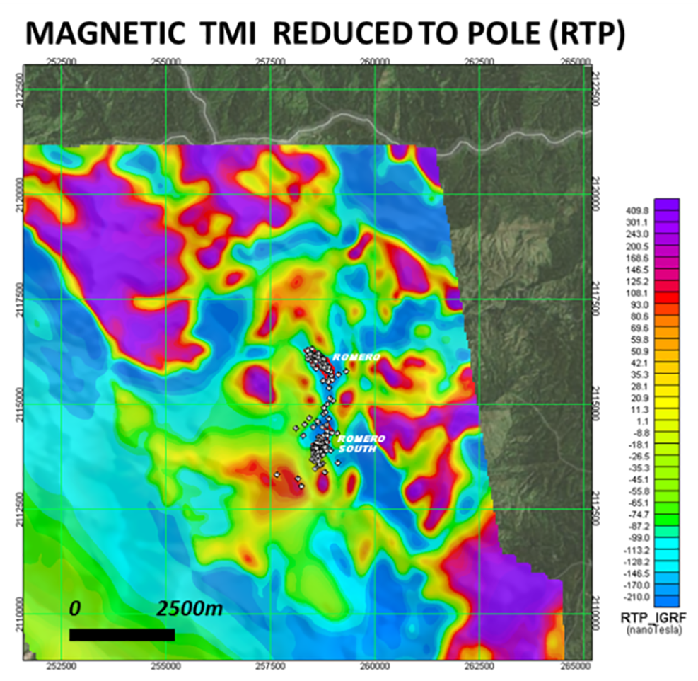 Figure 5. Magnetic TMI reduced to pole (RTP), showing magnetic low over Romero and Romero South deposits.