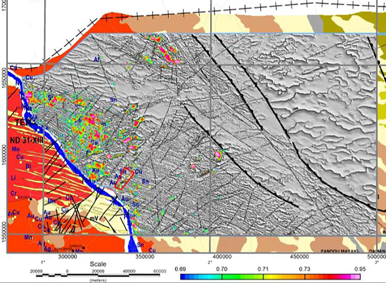 Neural network simulation results for copper, gold and tin mineralization targeting over the grey shaded relief magnetic image. 