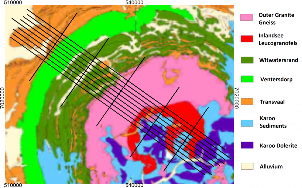 Figure 2: Vredefort Dome test survey lines overlain on surface geology (Cowan and Cooper, 2009)