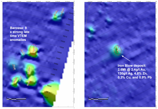 PNX Metals Limited - Barossa VTEM targets and Iron Blow deposit on VTEM time channel 42 (same scale)