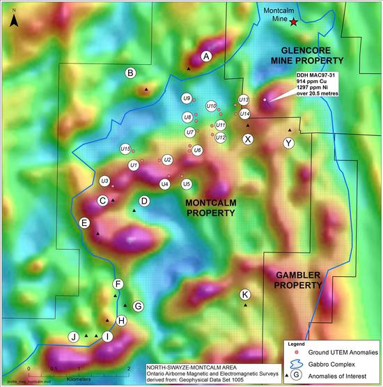 Map of the Montcalm Property displaying anomalies of interest detected in Pancon's preliminary analysis