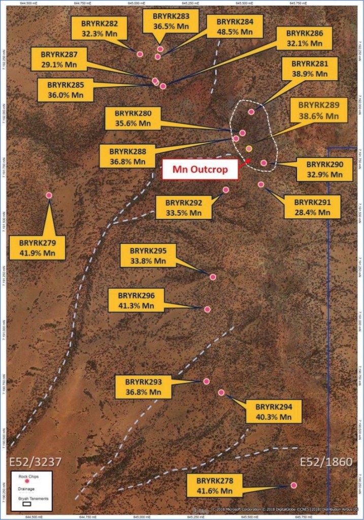 Figure 3 – Satellite imagery showing Brumby Creek Prospect, sample locations and results.