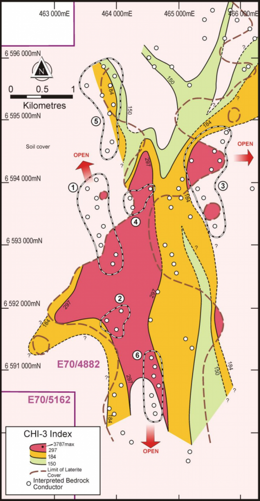 Fig. 3: Prioritised clusters of interpreted bedrock conductors plotted on CHI - 3 geochemical index values for laterite samples at Wongan Hills.