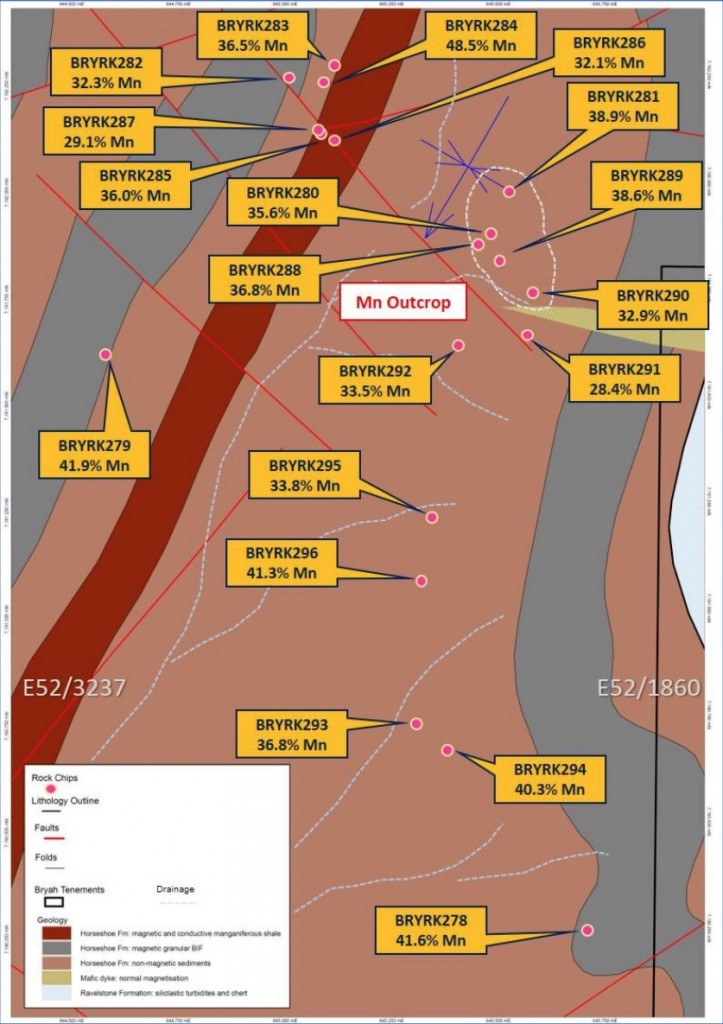 Figure 4 – Brumby Creek Prospect Interpreted Geology showing sample locations and results.