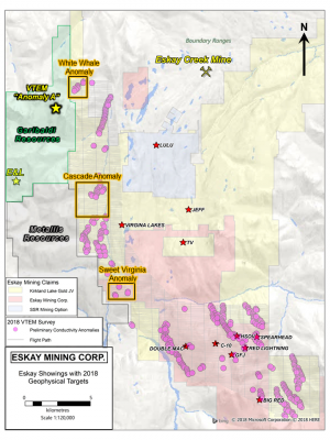 Figure 1: Eskay Mining Corp. claims with 2018 VTEM survey area and identified coincident geochemical and conductivity anomalies