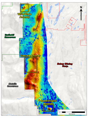 Figure 2: Colour Map of Sfz30 conductance (mid time channel response, Red = relative conductance high, blue = low) and identified anomalous zones.