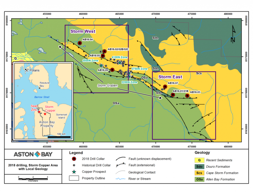 Figure 1: Storm area 2018 drill collar locations and location of detailed figures Storm West and Storm East. Inset map shows the location of Aston Bay’s Seal zinc and Storm copper projects south of the Polaris mine and the community of Resolute Bay in the Polaris mining district, Nunavut.