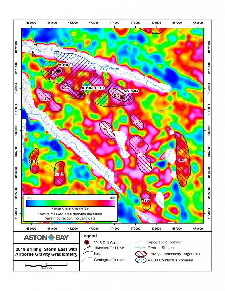 Figure 3: Storm East area: gravity targets, vertical gravity gradient, select VTEM anomalies and 2018 drill collar locations.