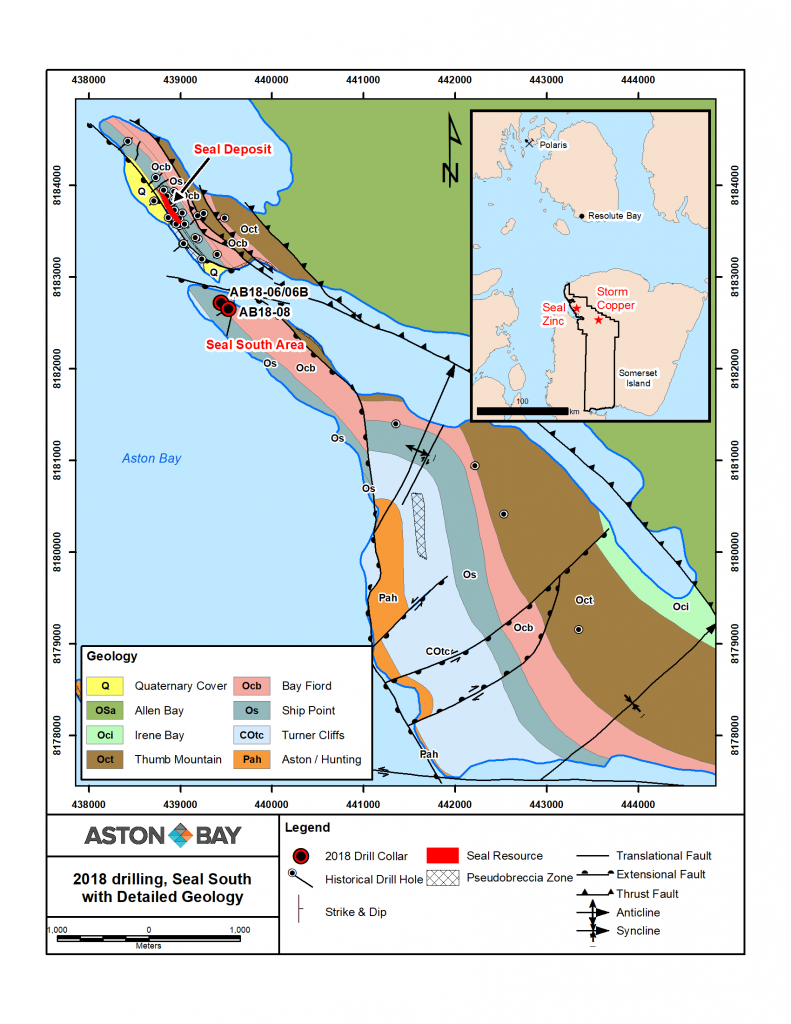 Figure 4: Geological map of Seal and Seal South areas. Inset map shows the location of Aston Bay’s Seal zinc and Storm copper projects south of the Polaris mine and the community of Resolute Bay in the Polaris mining district, Nunavut.