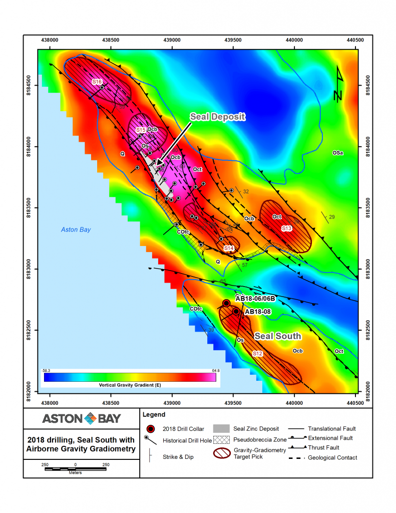 Figure 5: Gravity gradiometry map of Seal deposit and Seal South prospect, with 2018 drill collar locations, select geology, and historical drilling. The surface projection of the Seal deposit is shown in grey.