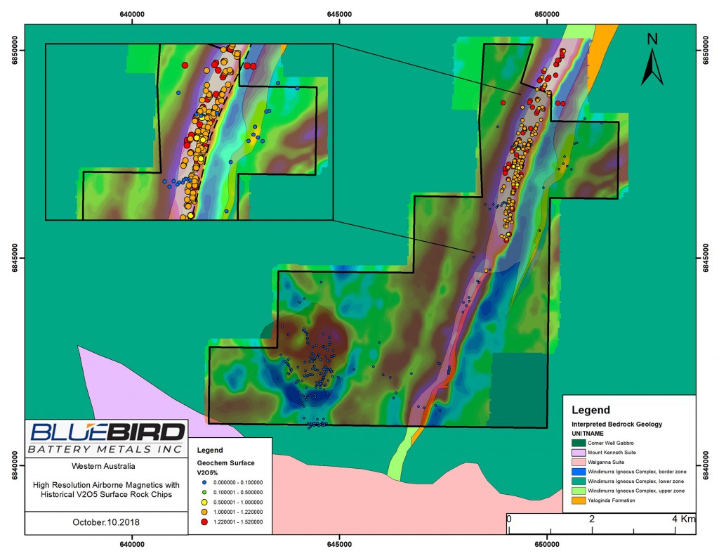 Figure 3: Canegrass Property – High Resolution Airborne Magnetics with Historical V2O5 Surface Rock Chips