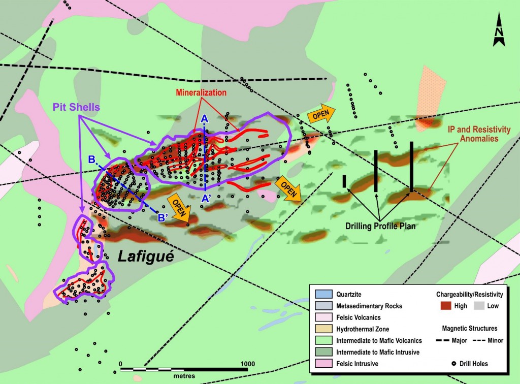 Figure 2: Lafigué Ground Geophysics and Geological Interpretation Showing Possible Extensions