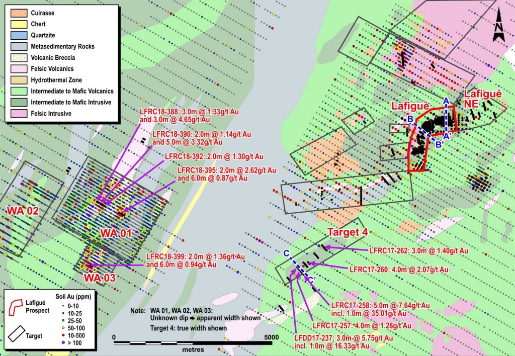 Figure 5: Fetekro Gold in Soil Map and Selected Gold Intercepts over Defined Anomalies