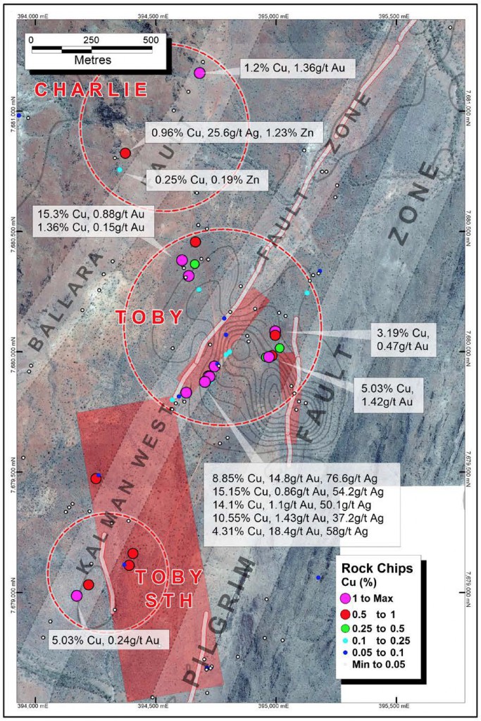 Toby and Charlie Prospects showing the location of elevated rock chip samples (current and previously reported) in relation to VTEM conductivity contours, target axes and modelled plates.