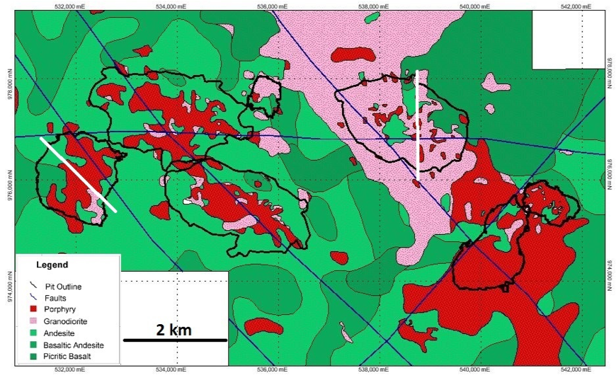 Figure 2: Surface geological map of Cobre Panama deposits with ultimate pit outlines in black.