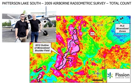 Figure 5: 2009: Airborne Radiometric Survey Results, showing total count pseudo-colour image, outline of mineralized boulder field and location of PLS deposit. Inset shows Special Project Inc. survey crew and aircraft (after Bingham, 2016).