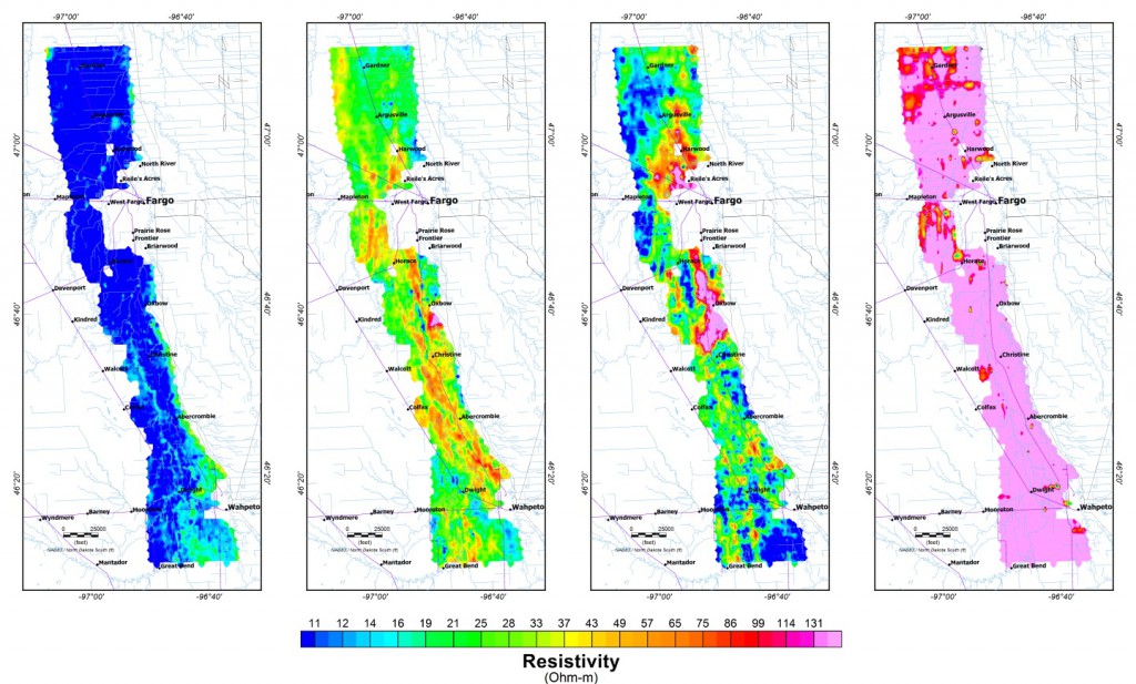 Figure 4: Resistivity depth slices corresponding to depth levels: a) 32-44 feet, b) 143-146 feet, c) 267-298 feet and d) 599-665 feet.