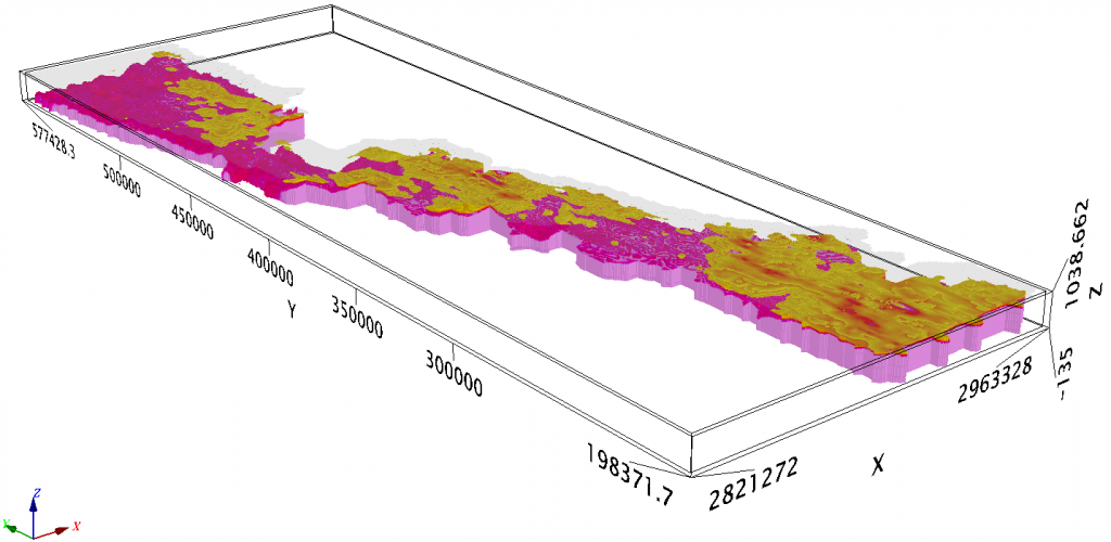 Figure 5: 3D voxel obtained from SCI inversion of VTEM data. The pink colour represents the resistivity range >110 ohm-m (corresponding to granitic basement) and the yellowish zone corresponds to the resistivity range [36-110] ohm-m over a depth range of [0-300] feet. The top layer with higher tranparency represents the surface. Vertical exaggeration=×10. The view is looking to the NE. Coordinates are in feet.